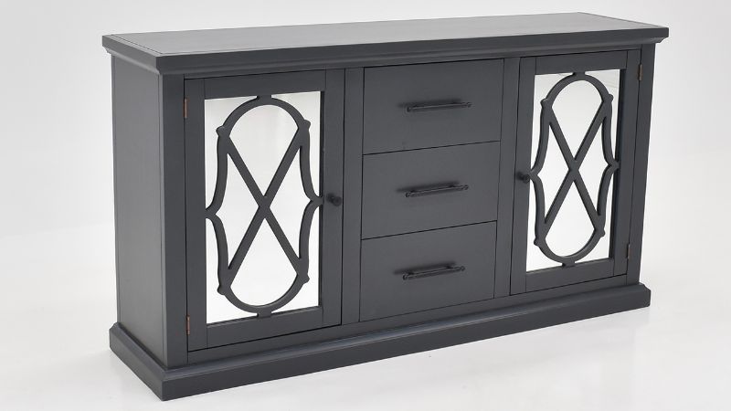 Angled View of the Tene 3 Drawer Buffet Cabinet in Charcoal Gray by Vintage Furniture | Home Furniture Plus Bedding