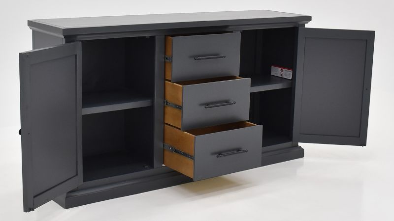 Angled View of the Tene 3 Drawer Buffet Cabinet in Charcoal Gray by Vintage Furniture | Home Furniture Plus Bedding