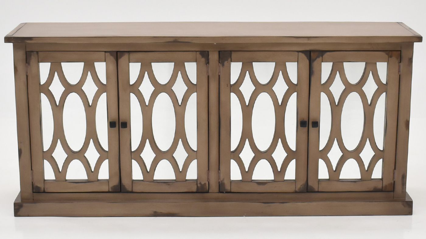 Front View of the Tucker Oval 4 Door Console Cabinet in Brown by Vintage Furniture  Home Furniture Plus Bedding