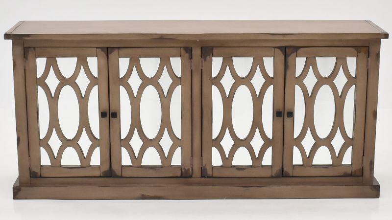 Front View of the Tucker Oval 4 Door Console Cabinet in Brown by Vintage Furniture  Home Furniture Plus Bedding