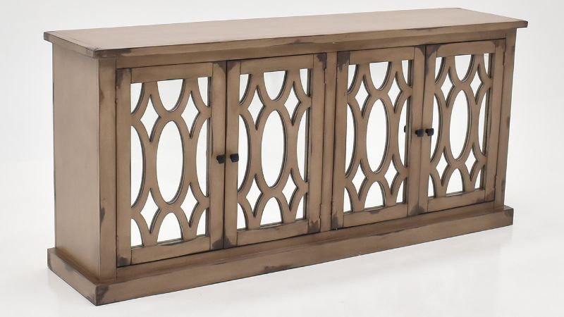 Angled View of the Tucker Oval 4 Door Console Cabinet in Brown by Vintage Furniture  Home Furniture Plus Bedding