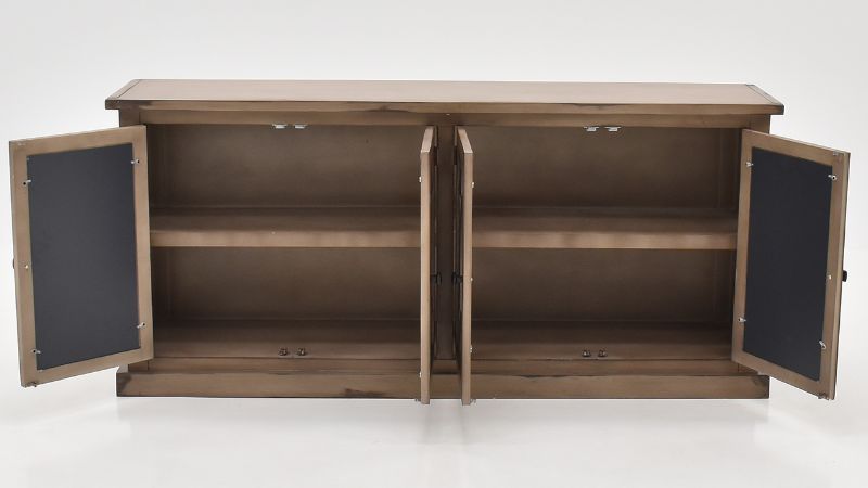 View of the Tucker Oval 4 Door Console Cabinet in Brown by Vintage Furniture  Home Furniture Plus Bedding