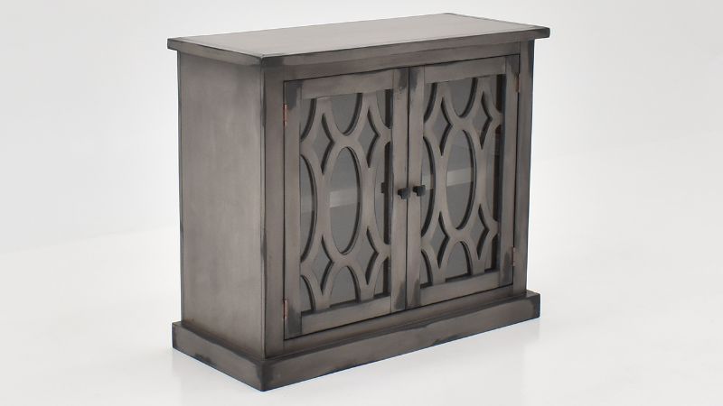Angled View of the Tucker Oval 2 Door Console Cabinet in Granite by Vintage Furniture | Home Furniture Plus Bedding