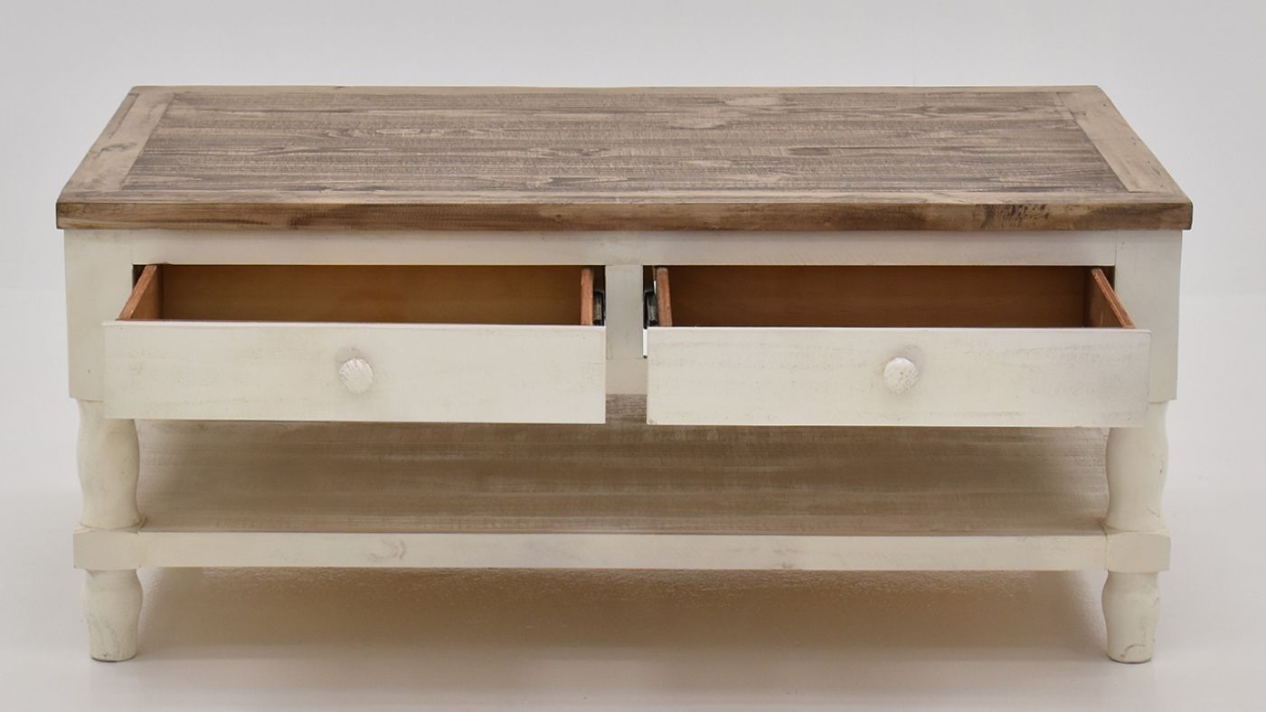 Front View of the Gracie Coffee Table in Two Tone Off White and Brown by Vintage Furniture | Home Furniture Plus Bedding