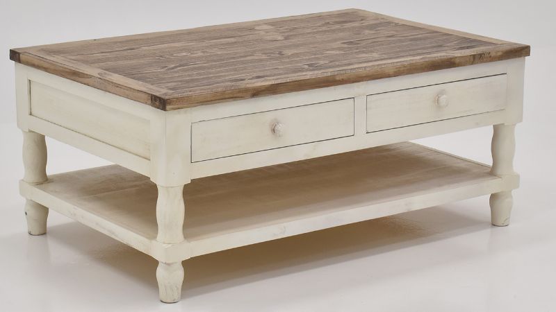 Angled View of the Gracie Coffee Table in Two Tone Off White and Brown by Vintage Furniture | Home Furniture Plus Bedding