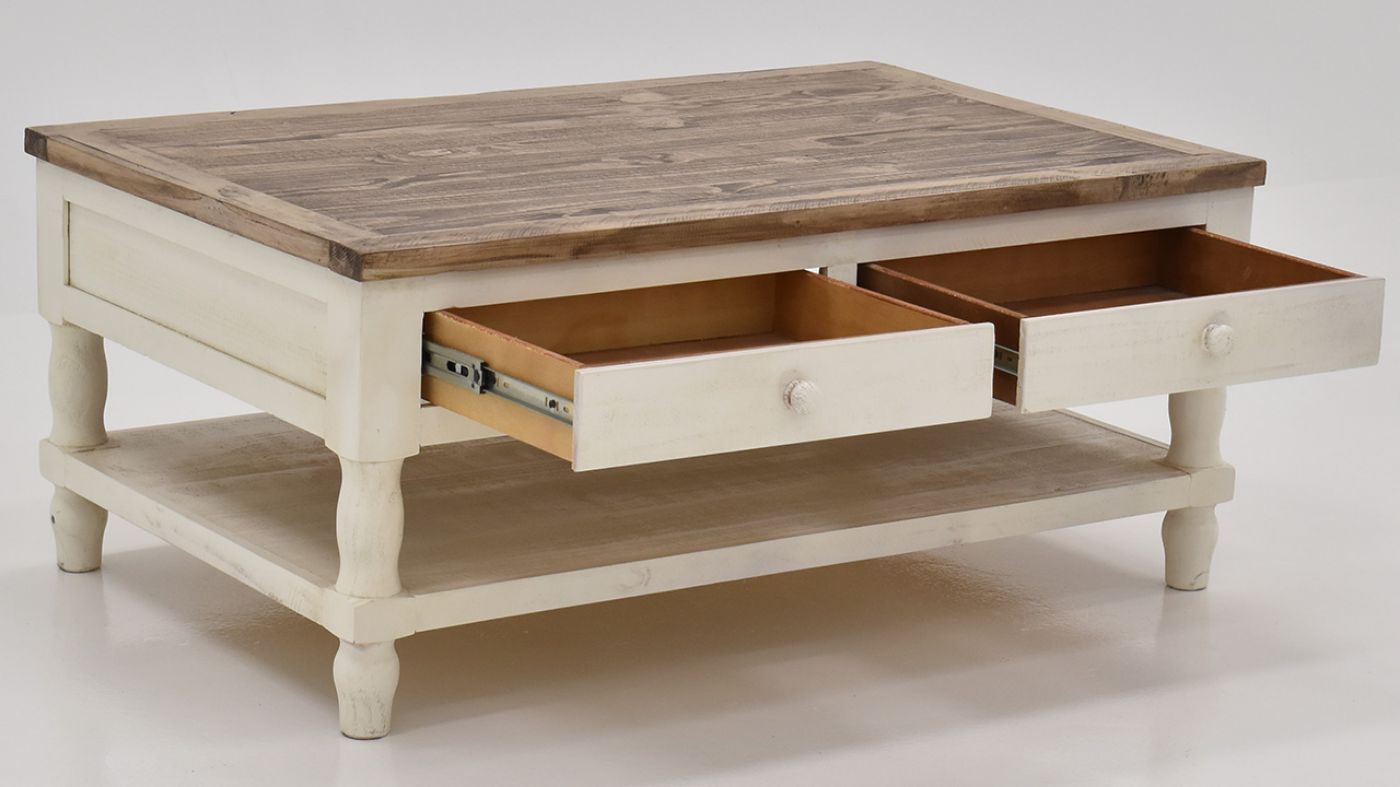 Angled View of the Gracie Coffee Table in Two Tone Off White and Brown by Vintage Furniture | Home Furniture Plus Bedding