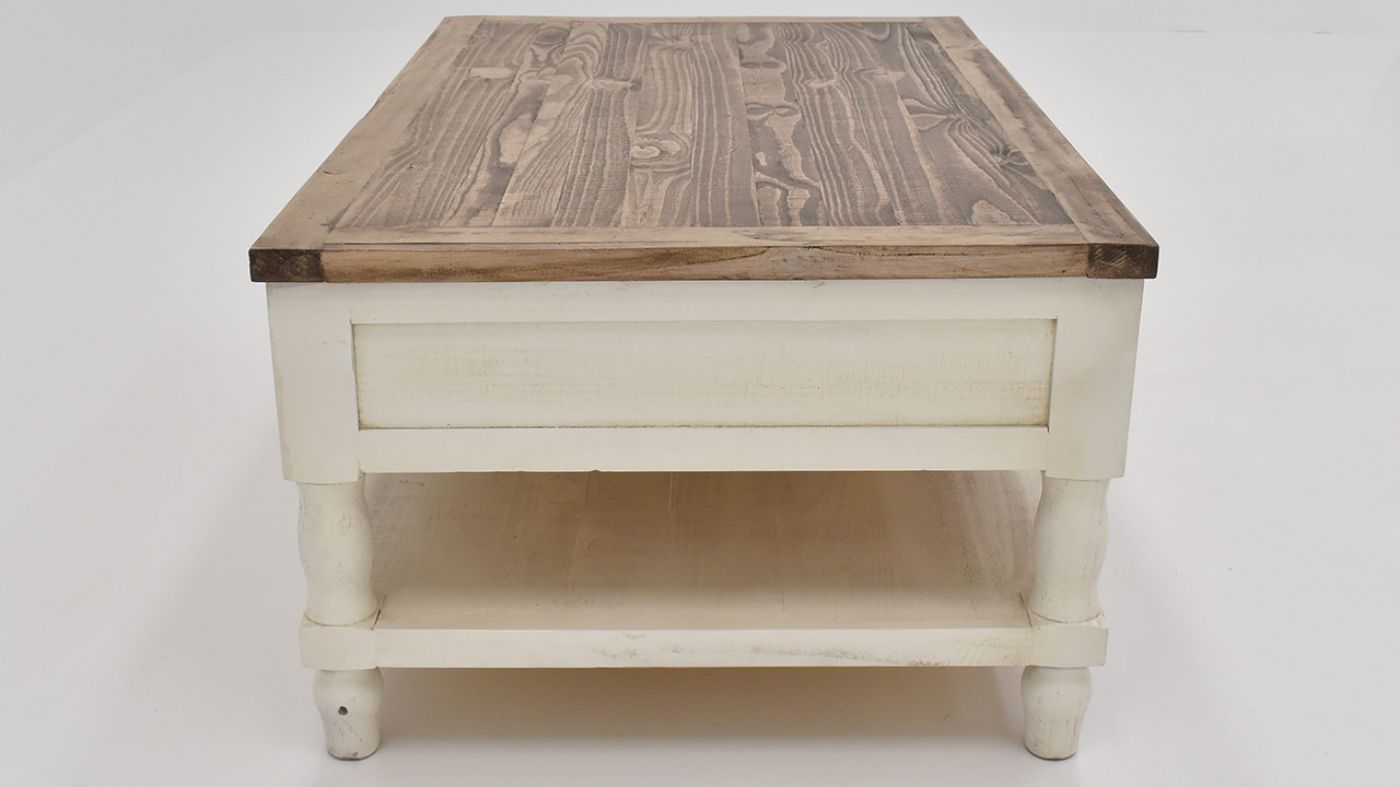 Side View of the Gracie Coffee Table in Two Tone Off White and Brown by Vintage Furniture | Home Furniture Plus Bedding