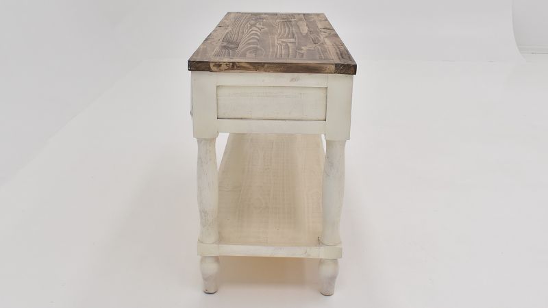 Side View of the Gracie Sofa Table in Two Tone Off White and Brown by Vintage Furniture | Home Furniture Plus Bedding