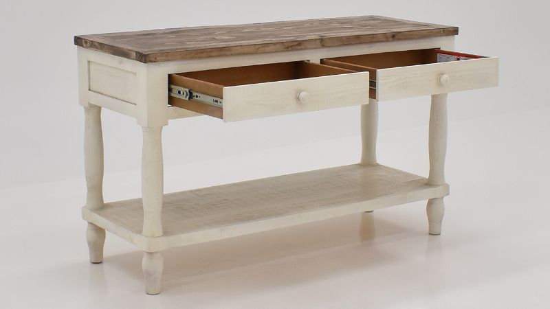 Angled View of the Gracie Sofa Table in Two Tone Off White and Brown by Vintage Furniture | Home Furniture Plus Bedding