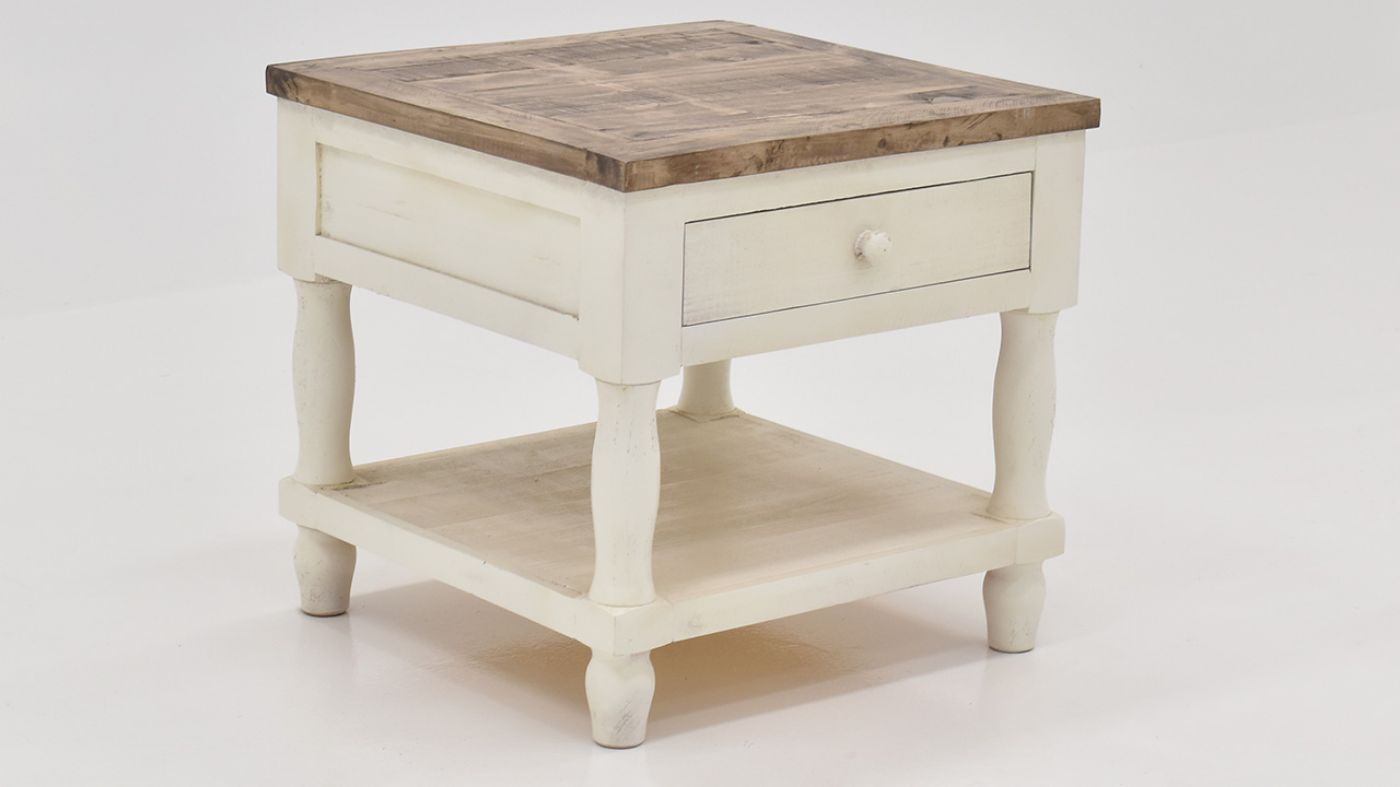 Angled View of the Gracie End Table in Two Tone Off White and Brown by Vintage Furniture | Home Furniture Plus Bedding