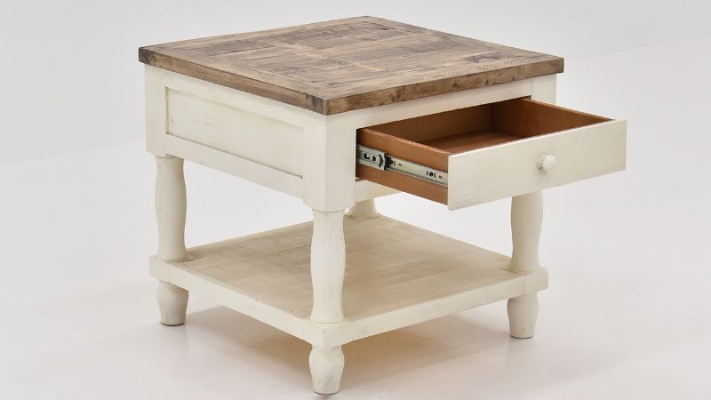Angled View of the Gracie End Table in Two Tone Off White and Brown by Vintage Furniture | Home Furniture Plus Bedding