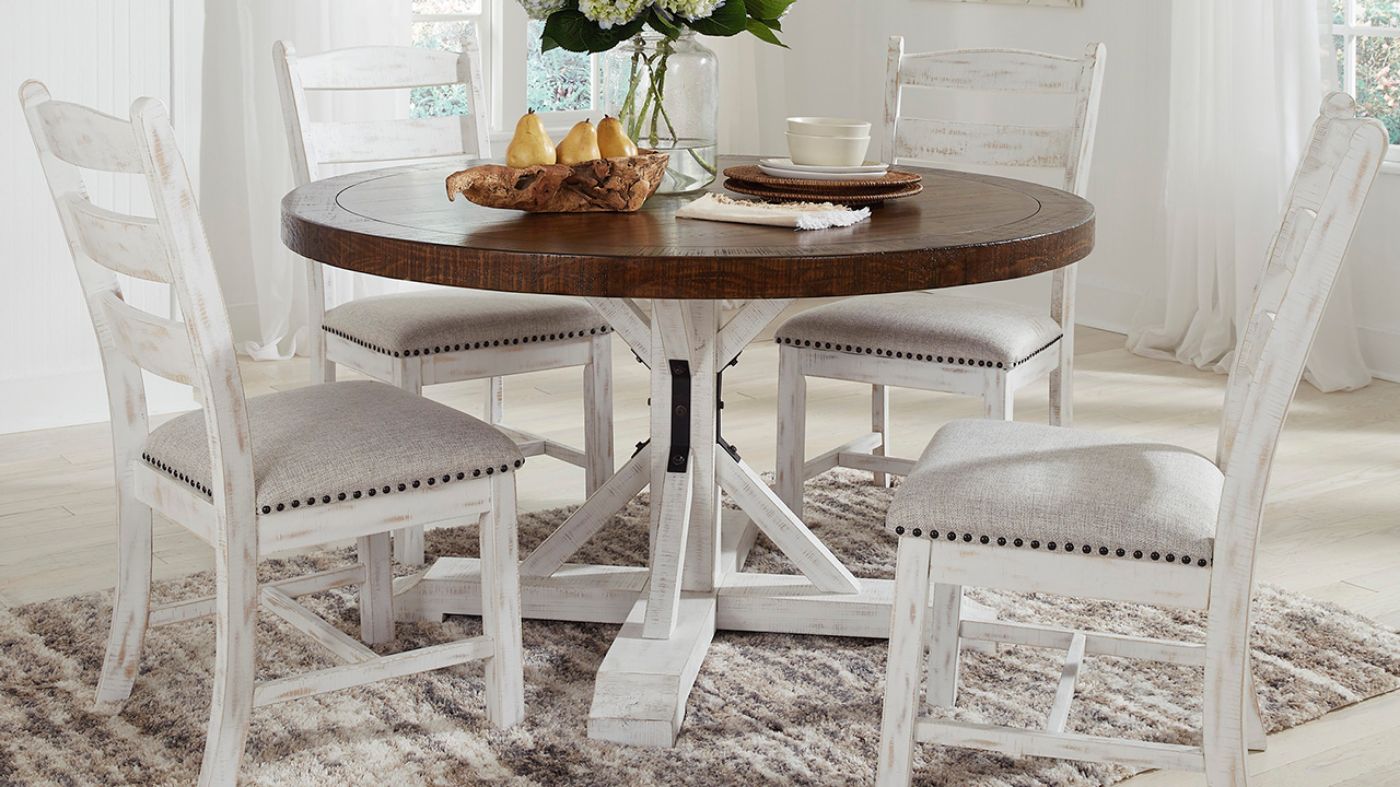 View of the Valebeck 5 Piece Dining Table Set in Two Tone Off White by Ashley Furniture | Home Furniture Plus Bedding