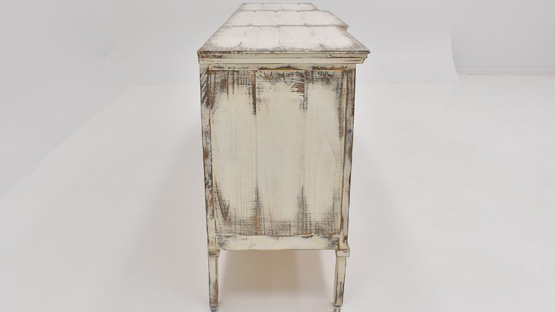 View of the Harp 6 Door Console with Glass in Distressed White by Vintage Furniture | Home Furniture Plus Bedding