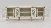 View of the Harp 6 Door Console with Glass in Distressed White by Vintage Furniture | Home Furniture Plus Bedding