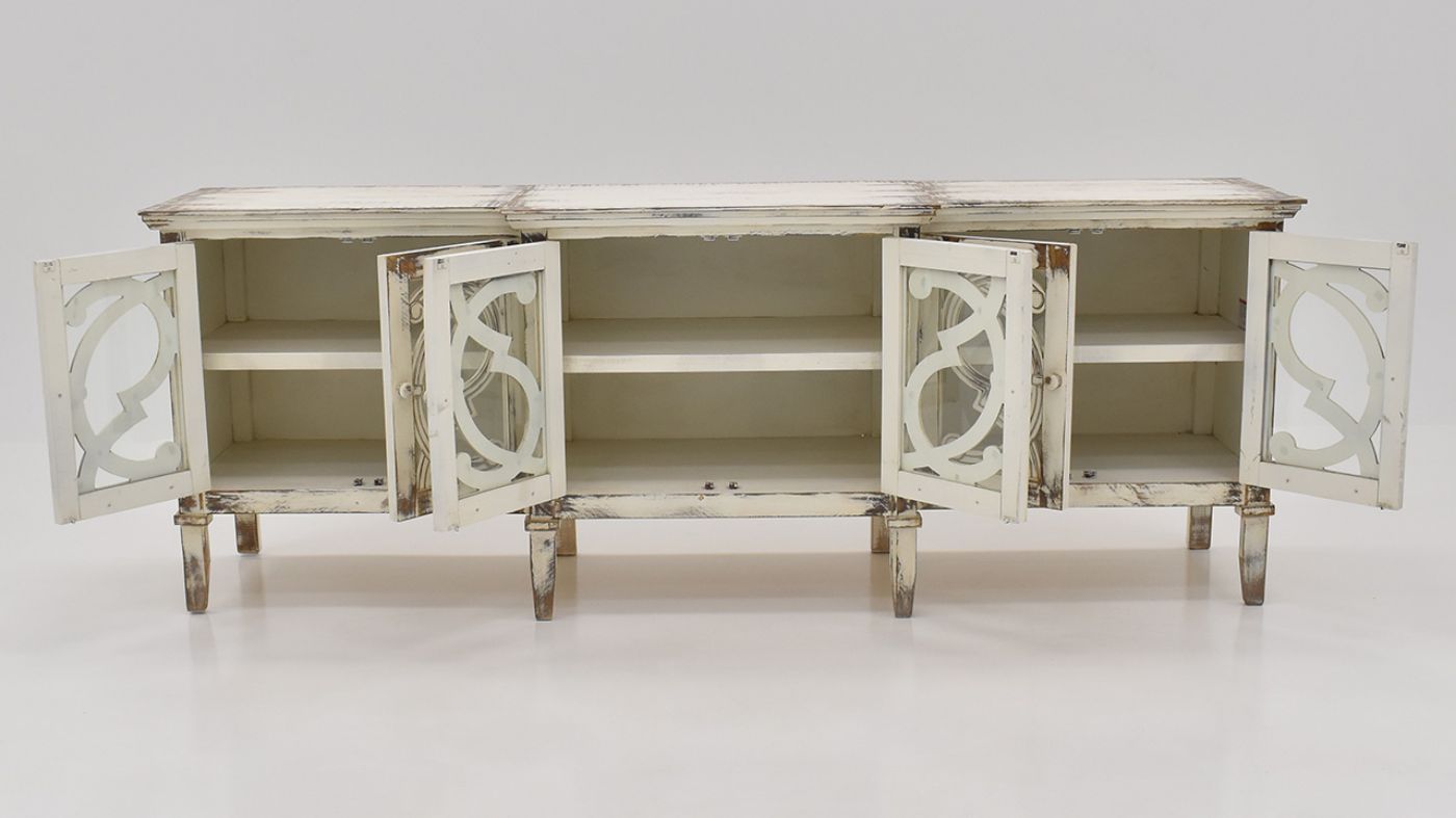 View of the Harp 6 Door Console with Glass in Distressed White by Vintage Furniture | Home Furniture Plus Bedding