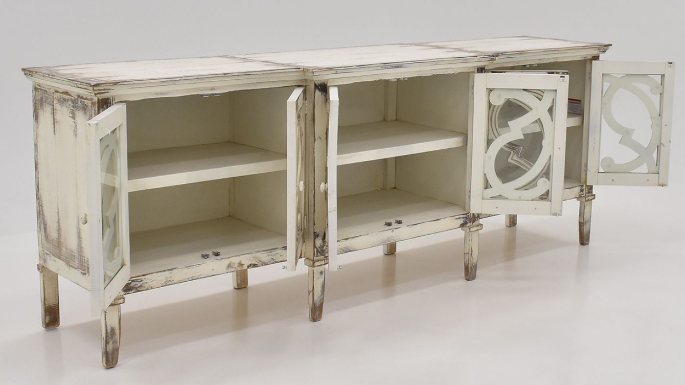 View of the Harp 6 Door Console with Glass in Distressed White by Vintage Furniture | Home Furniture Plus Bedding