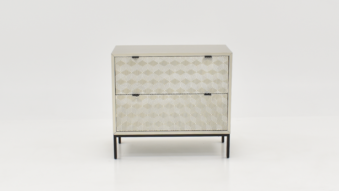 View of the Tumbling Block 2 Drawer Accent Cabinet in Silver and Black by Coast to Coast | Home Furniture Plus Bedding