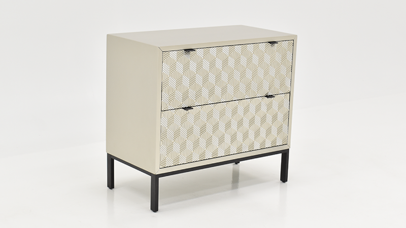 View of the Tumbling Block 2 Drawer Accent Cabinet in Silver and Black by Coast to Coast | Home Furniture Plus Bedding