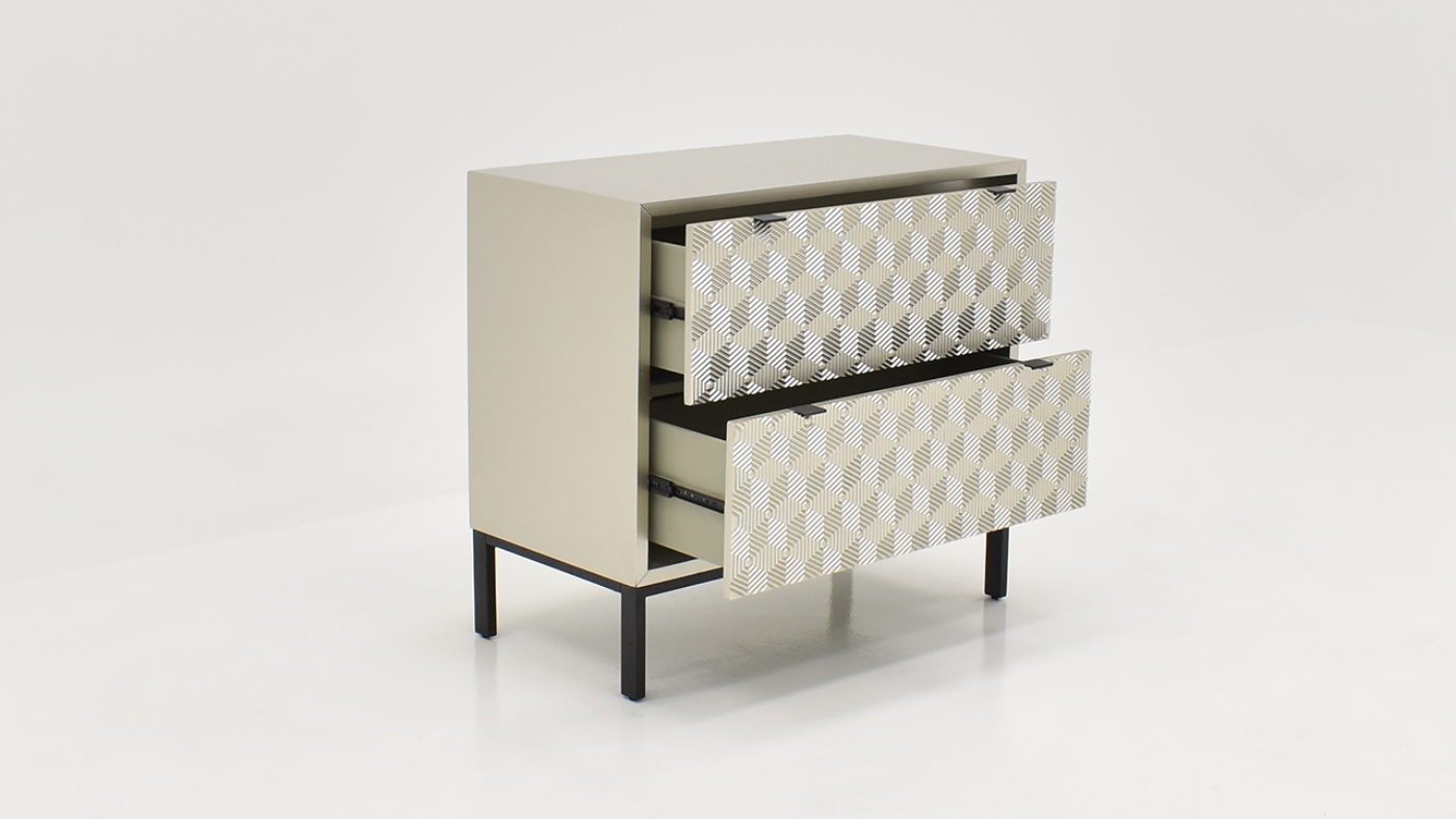 View of the Tumbling Block 2 Drawer Accent Cabinet in Silver and Black by Coast to Coast | Home Furniture Plus Bedding