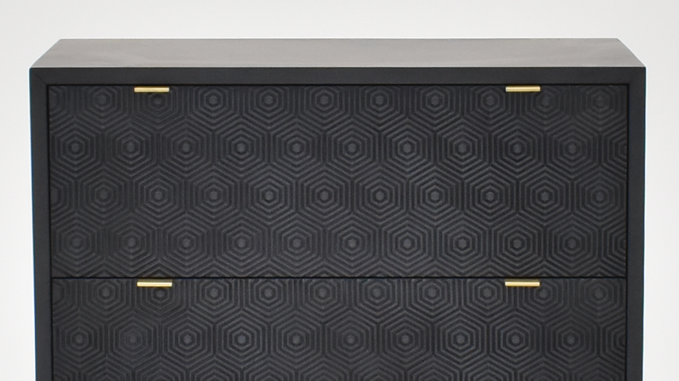 View of the Tumbling Block 2 Drawer Accent Cabinet in Black by Coast to Coast | Home Furniture Plus Bedding