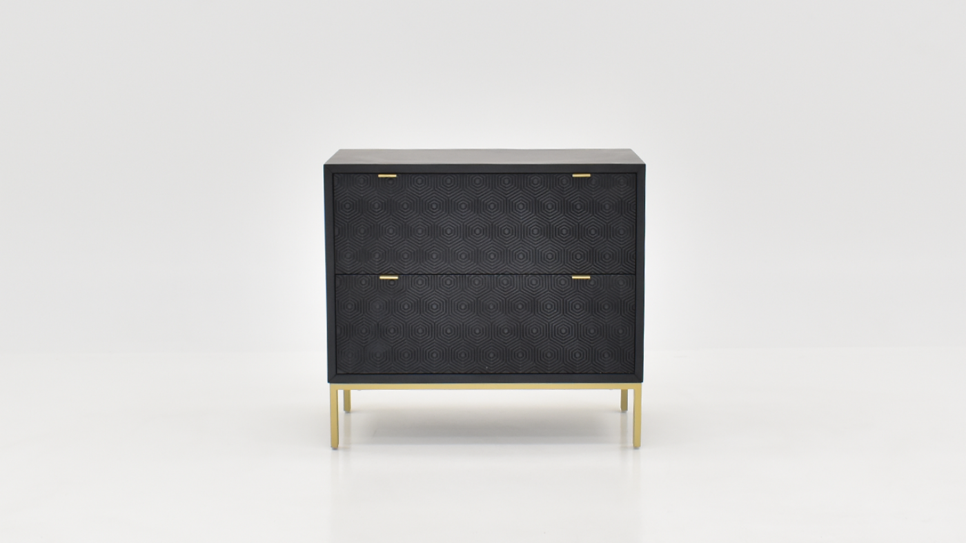 View of the Tumbling Block 2 Drawer Accent Cabinet in Black by Coast to Coast | Home Furniture Plus Bedding