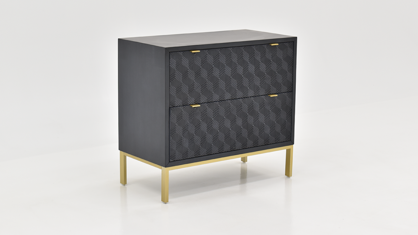 View of the Tumbling Block 2 Drawer Accent Cabinet in Black by Coast to Coast | Home Furniture Plus Bedding