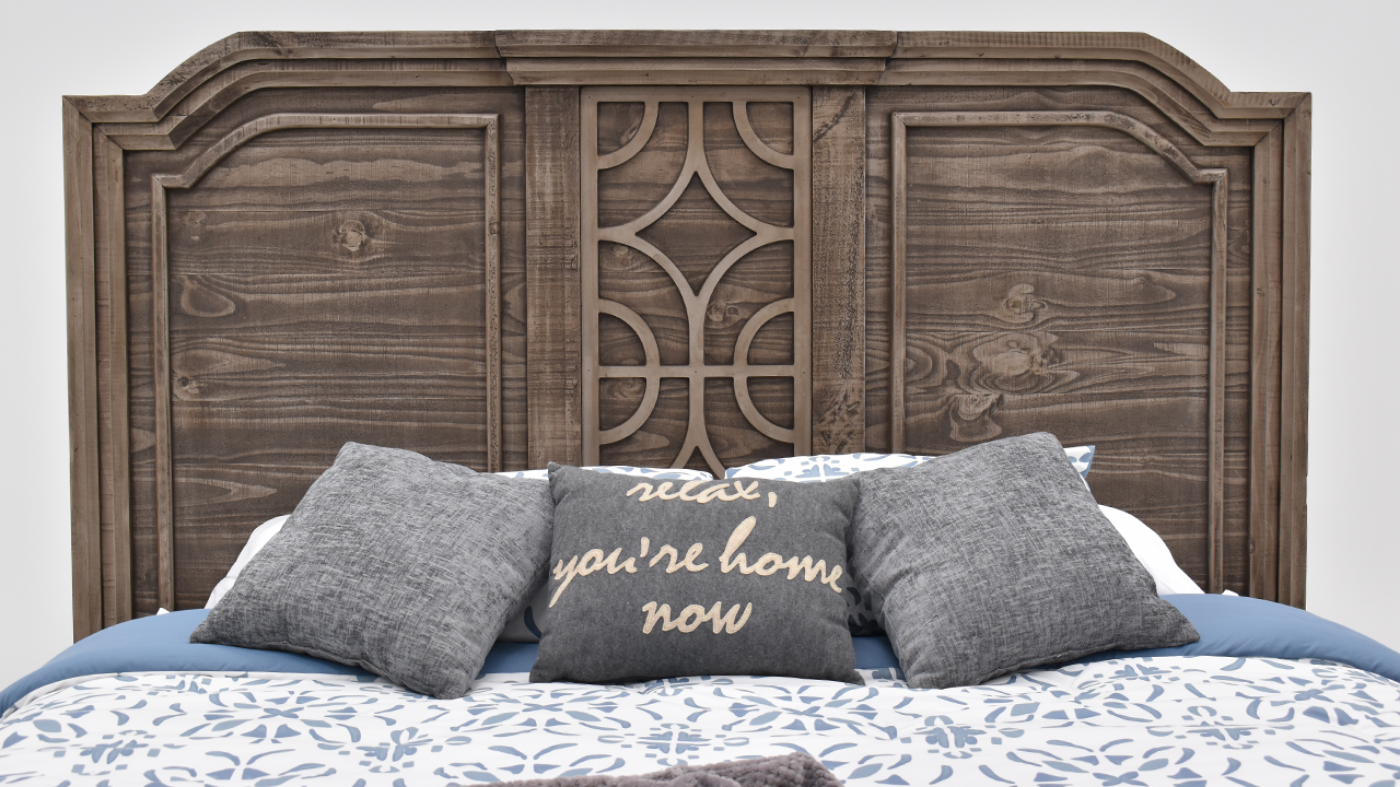 View of the Westgate Queen Panel Bed in Weathered Gray by Vintage Furniture | Home Furniture Plus Bedding