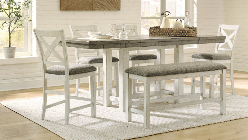 View of the Brewgan 6 Piece Counter Height Dining Table Set in Off-White and Brown by Ashley | Home Furniture Plus Bedding