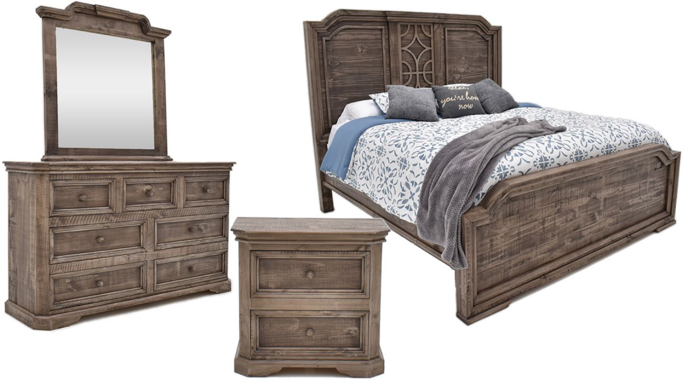 View of the Westgate Queen Size Panel Bedroom Set in Weathered Gray by Vintage Furniture | Home Furniture Plus Bedding