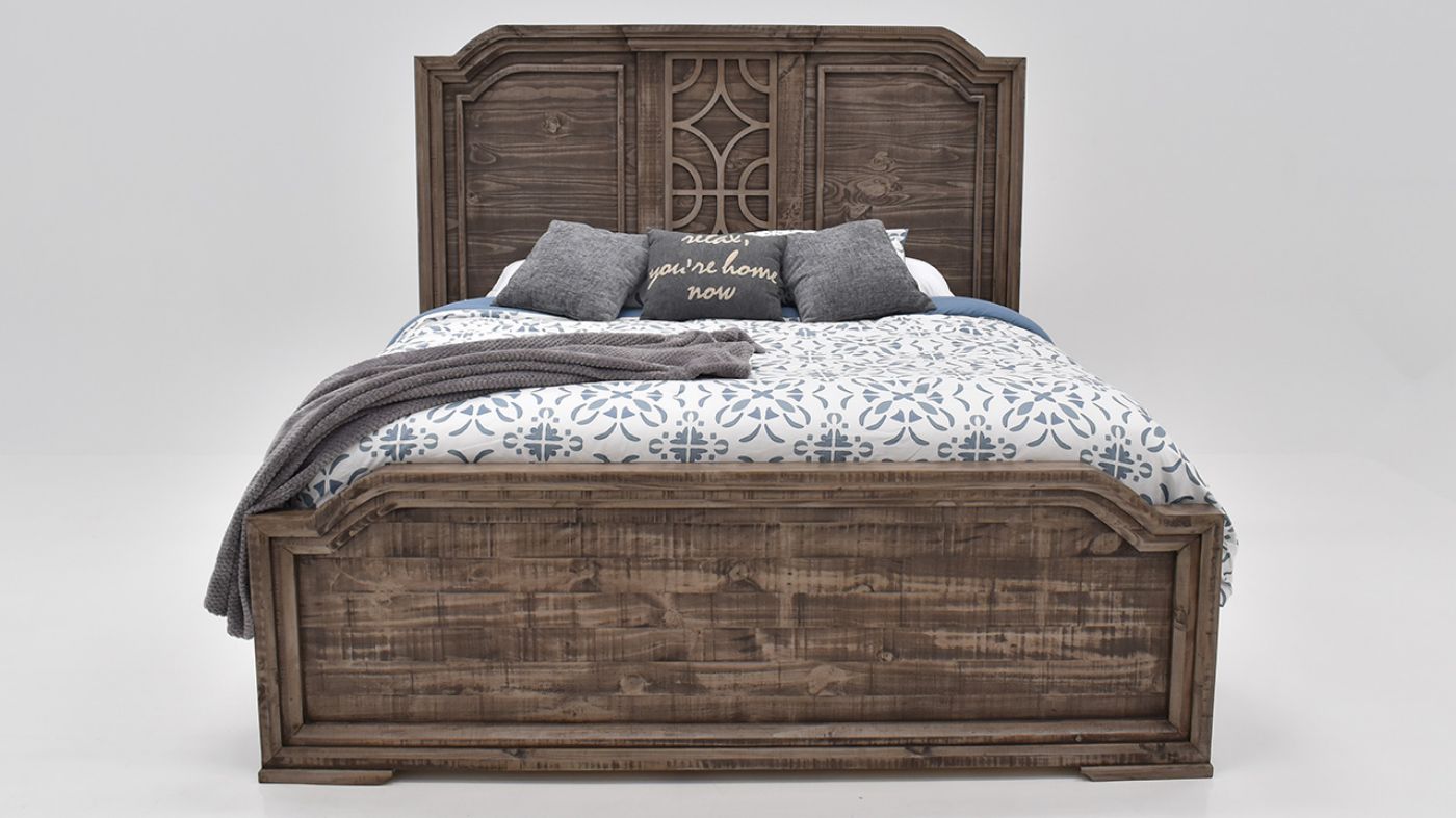 View of the Westgate Queen Size Panel Bedroom Set in Weathered Gray by Vintage Furniture | Home Furniture Plus Bedding