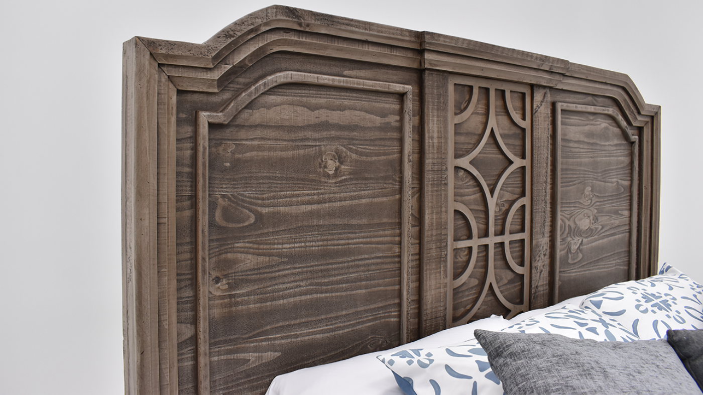 View of the Westgate Queen Size Panel Bedroom Set in Weathered Gray by Vintage Furniture | Home Furniture Plus Bedding
