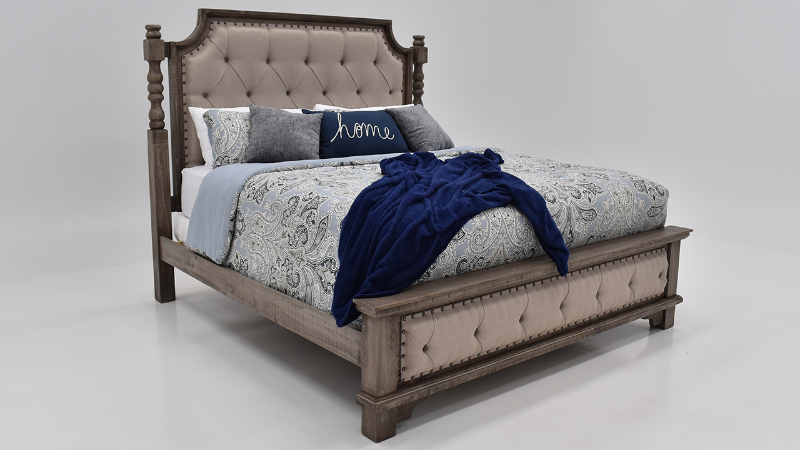 View of the Charleston Upholstered Queen Size Bed in Gray by Vintage Furniture | Home Furniture Plus Bedding