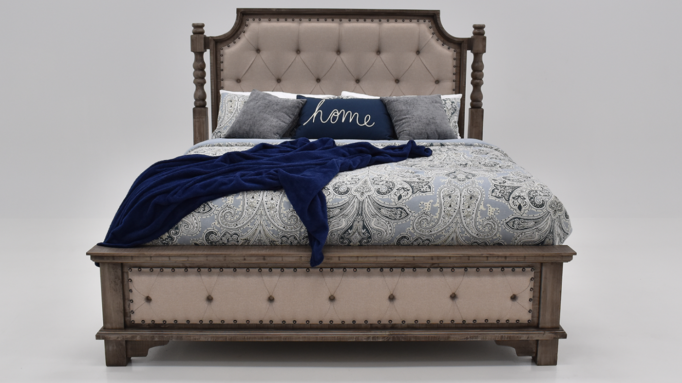 View of the Charleston Upholstered King Size Bed in Gray by Vintage Furniture | Home Furniture Plus Bedding