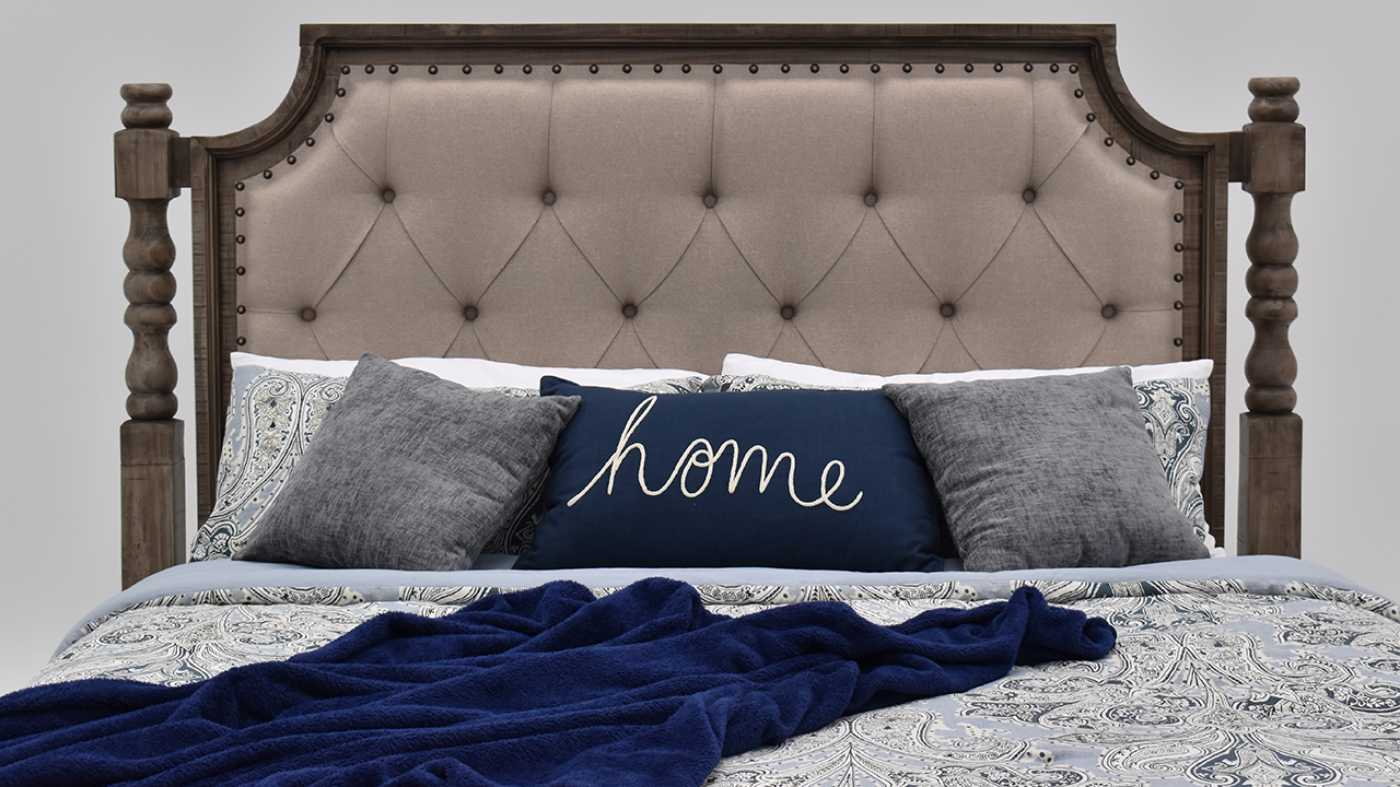 View of the Charleston Upholstered King Size Bed in Gray by Vintage Furniture | Home Furniture Plus Bedding