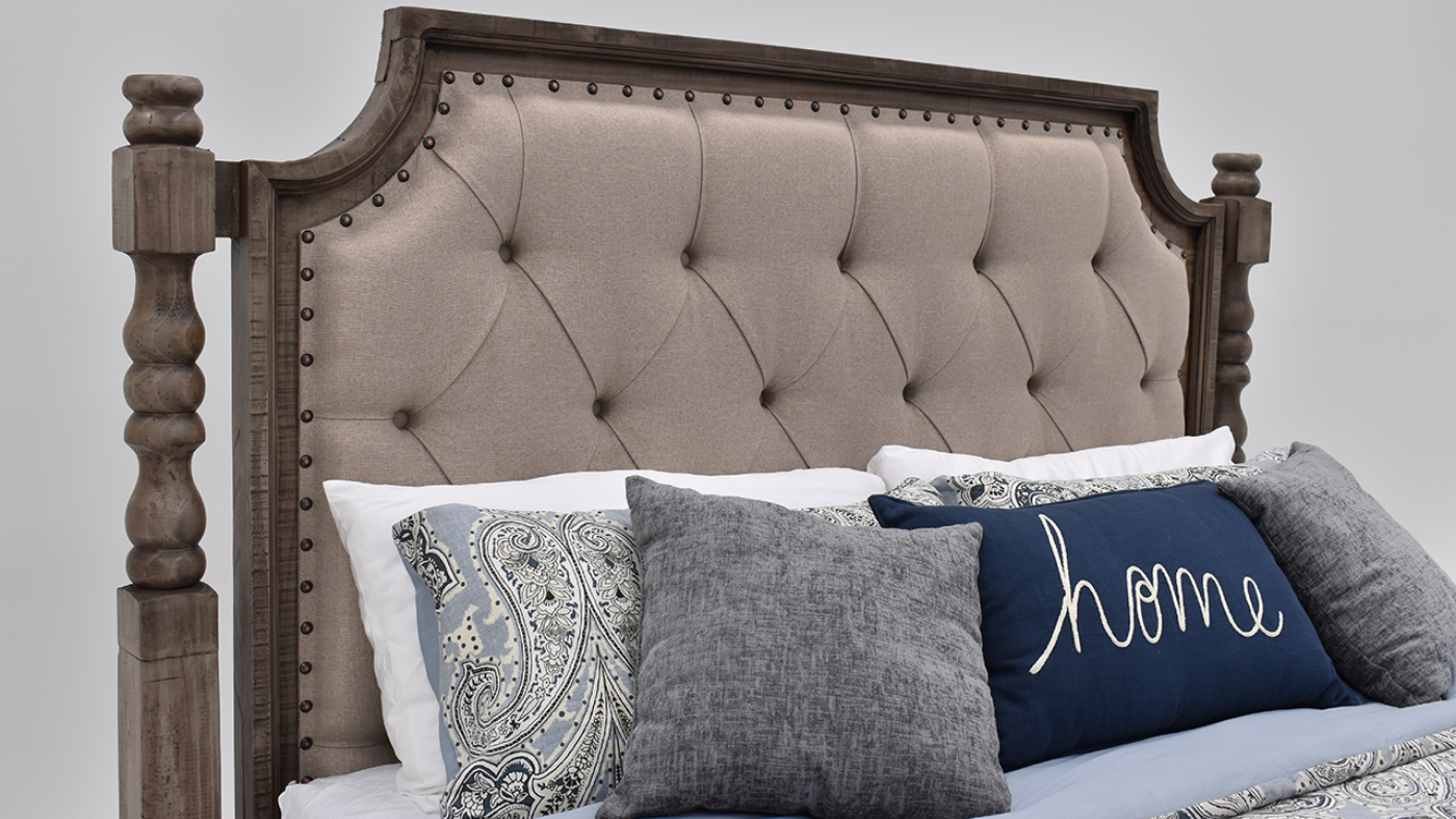 View of the Charleston Upholstered King Size Bed in Gray by Vintage Furniture | Home Furniture Plus Bedding