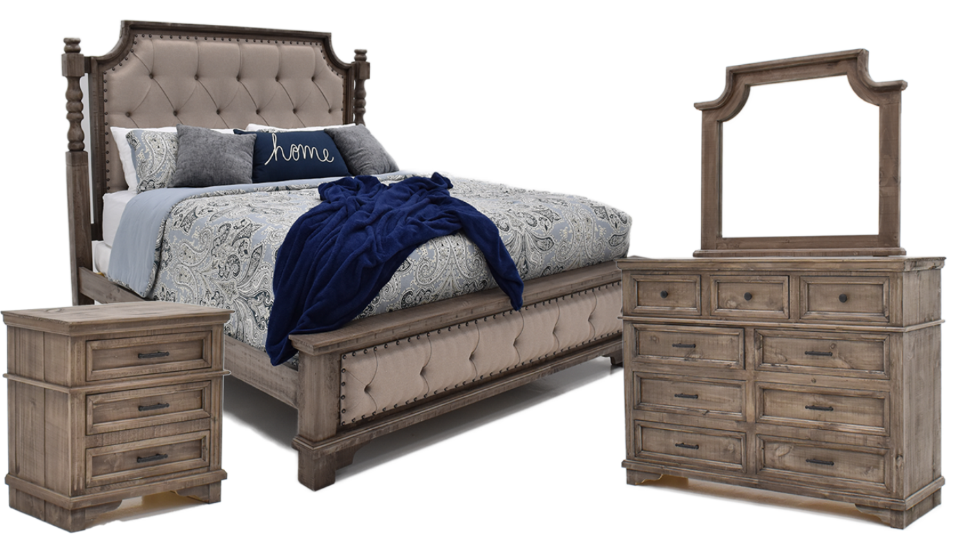 View of the Charleston Queen Size Bedroom Set in Gray by Vintage Furniture | Home Furniture Plus Bedding