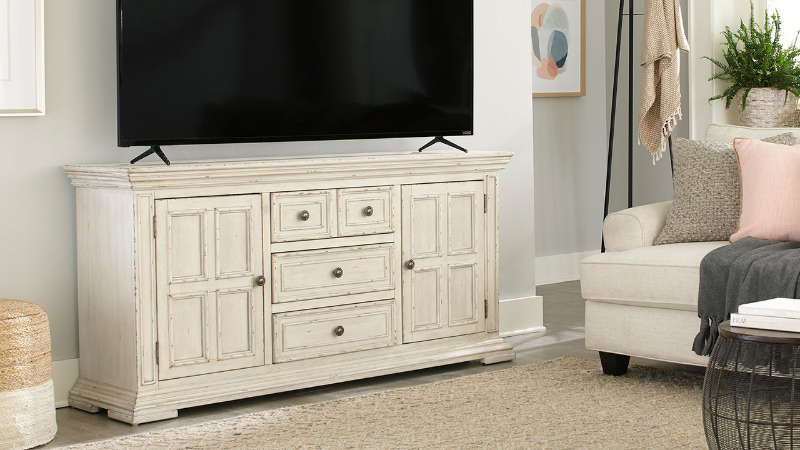 View of the Big Valley 66 Inch TV Stand in White by Liberty Furniture | Home Furniture Plus Bedding