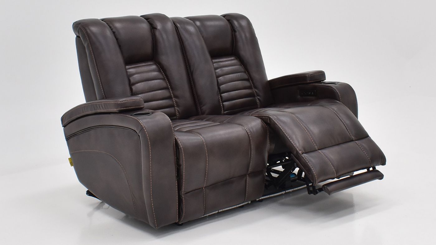 View of the Milan POWER Reclining Loveseat with Lights in Brown by Man Wah  | Home Furniture Plus Bedding