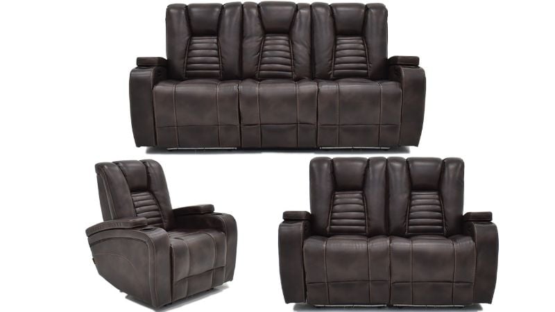 View of the Milan POWER Reclining Sofa Set with Lights in Brown by Man Wah | Home Furniture Plus Bedding