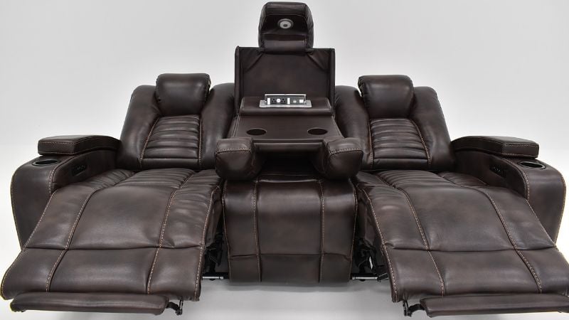 View of the Milan POWER Reclining Sofa with Lights in Brown by Man Wah | Home Furniture Plus Bedding