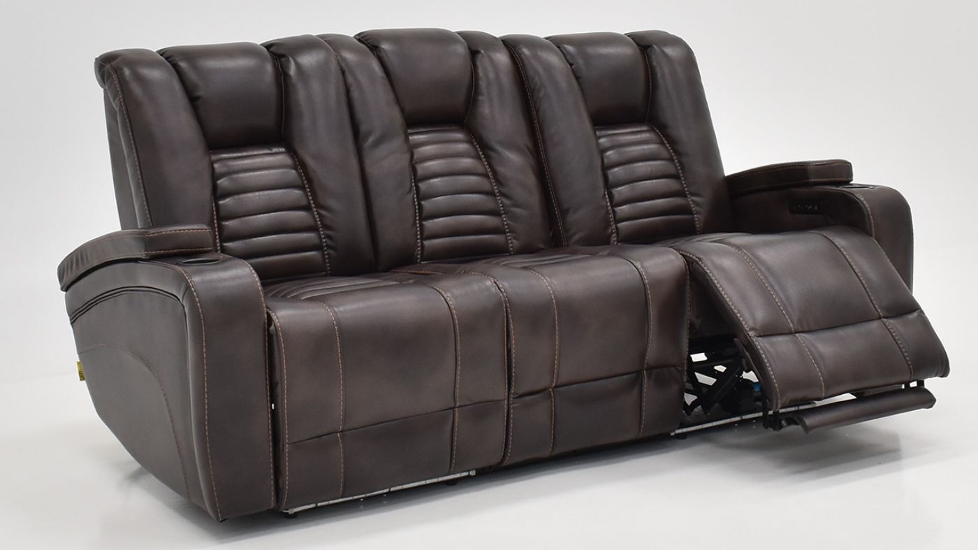 View of the Milan POWER Reclining Sofa with Lights in Brown by Man Wah | Home Furniture Plus Bedding