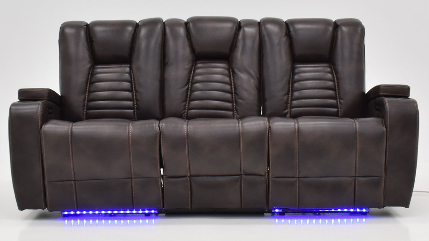 View of the Milan POWER Reclining Sofa with Lights in Brown by Man Wah | Home Furniture Plus Bedding