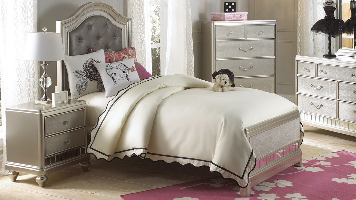 Picture of Lil Diva Twin Size Upholstered Panel Bed - Silver