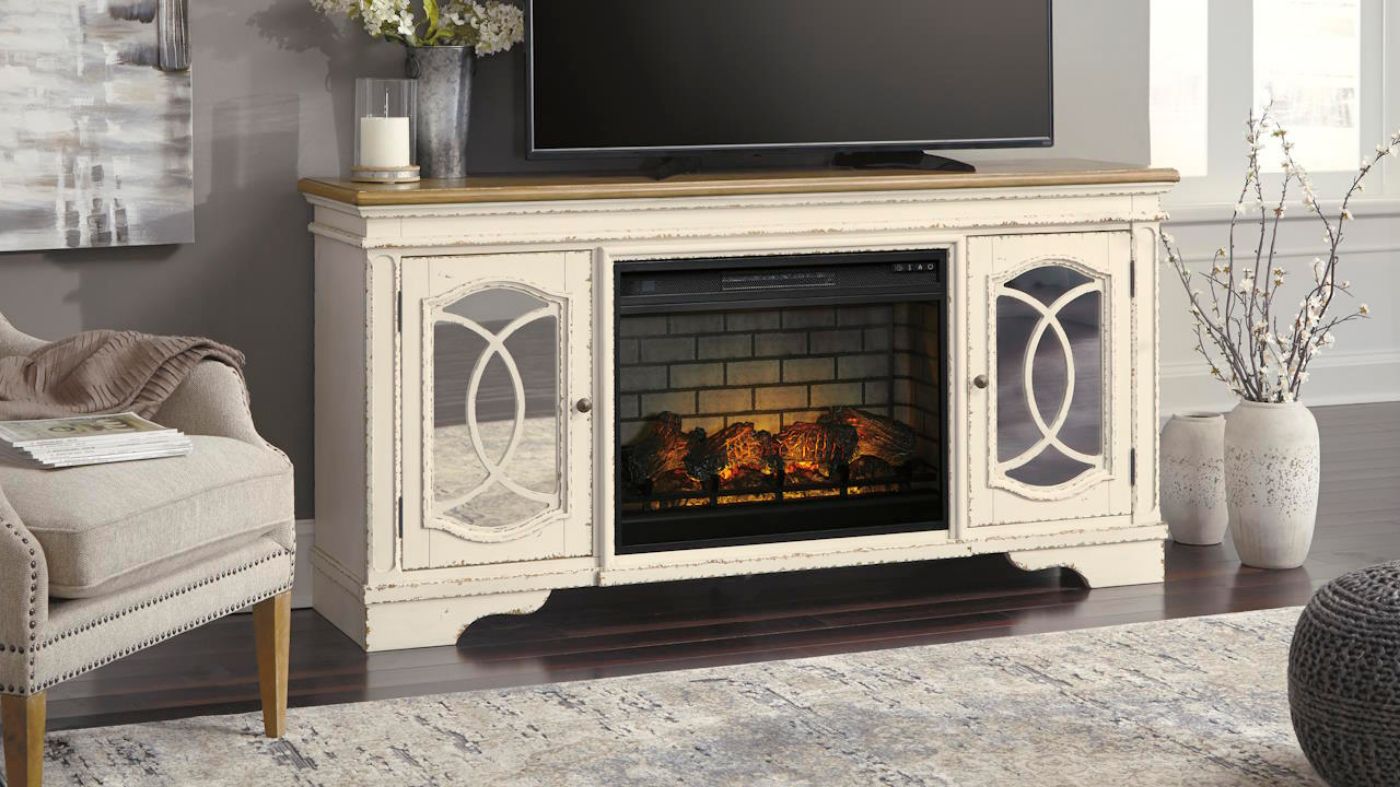 Picture of Realyn TV Stand with Fireplace - White