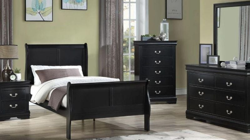 Black Louis Philippe Twin Size Bedroom Set by Crown Mark Showing the Dresser With Mirror Dimensions | Home Furniture Plus Bedding