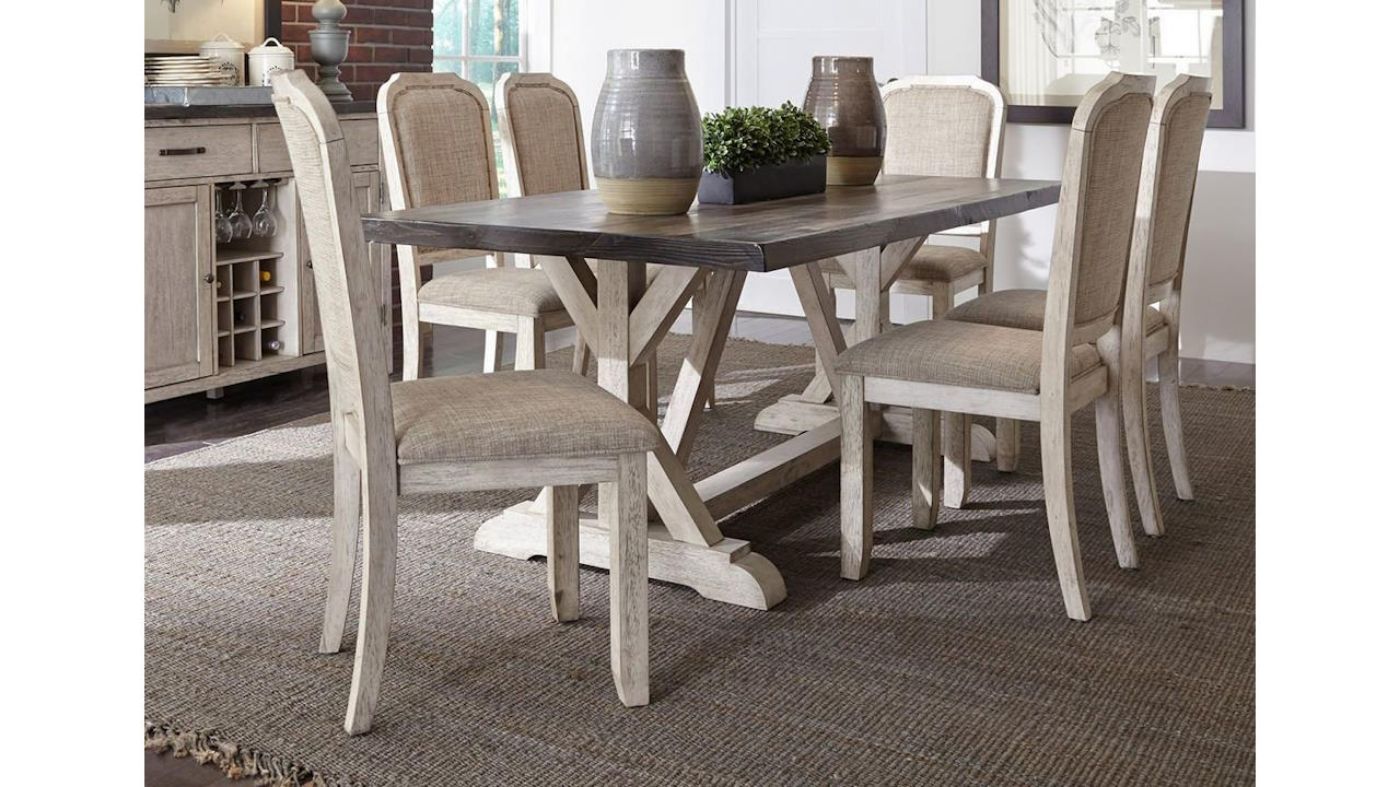 Picture of Willowrun 7-Piece Dining Set - White with Gray Fabric