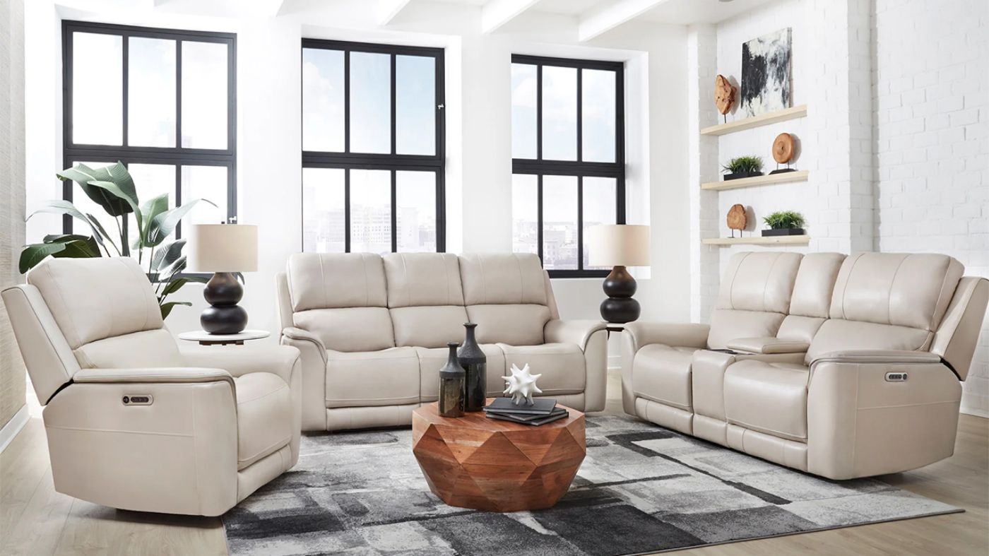 Picture of Easton Power Leather Sofa Set - Off White