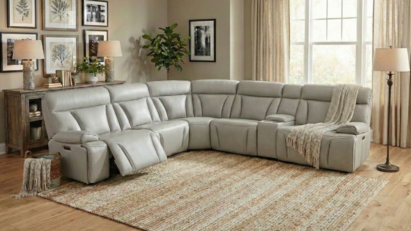 Picture of Bringle Leather Power Reclining Sectional  - Light Gray